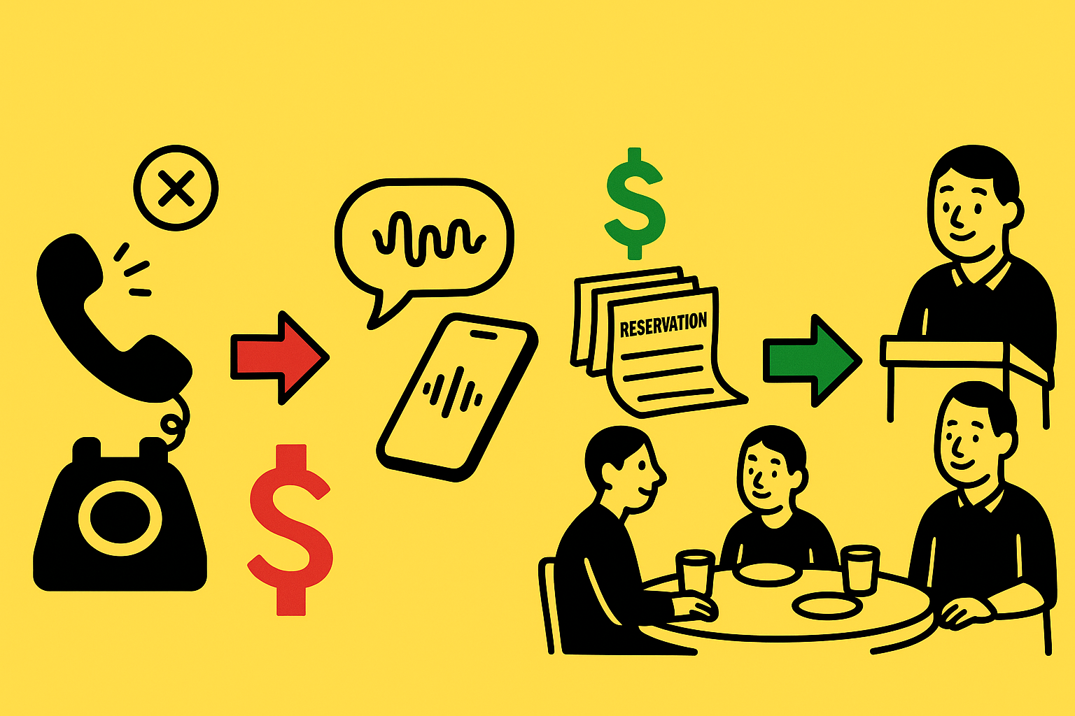 Flow graphic showing missed calls turning into revenue via AI phone host and resulting guest satisfaction