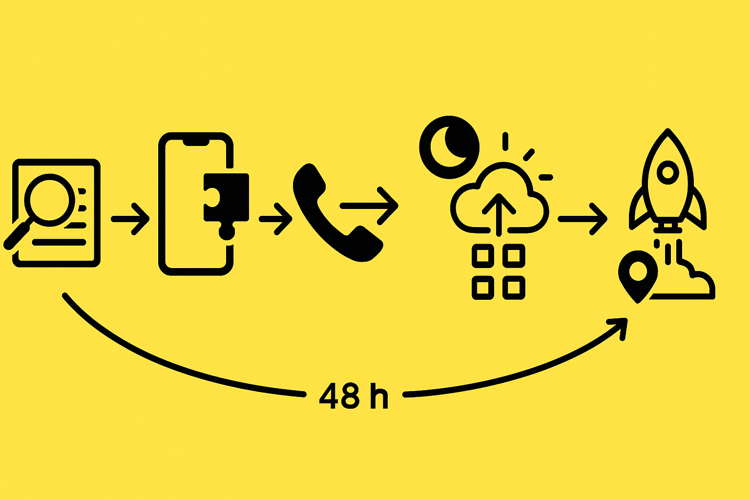 Timeline of six icon-based steps illustrating a 48-hour migration from AnswerConnect to an AI phone host