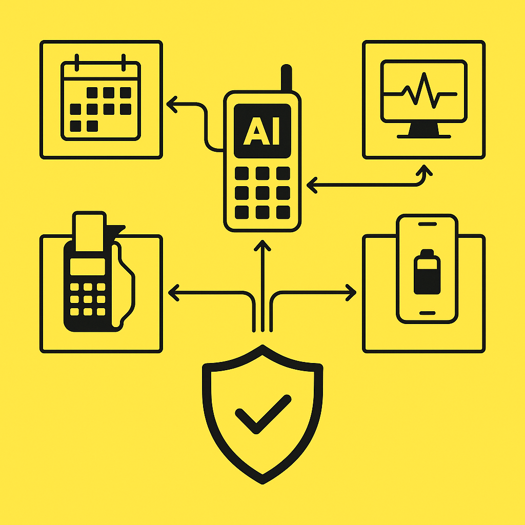 Isometric diagram of an AI phone hub linked to reservation, POS, monitoring, and failover mobile for resilience
