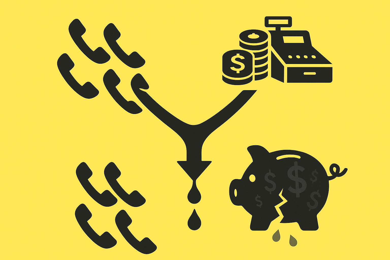Vector split-funnel showing answered calls turning into revenue and missed calls turning into lost money