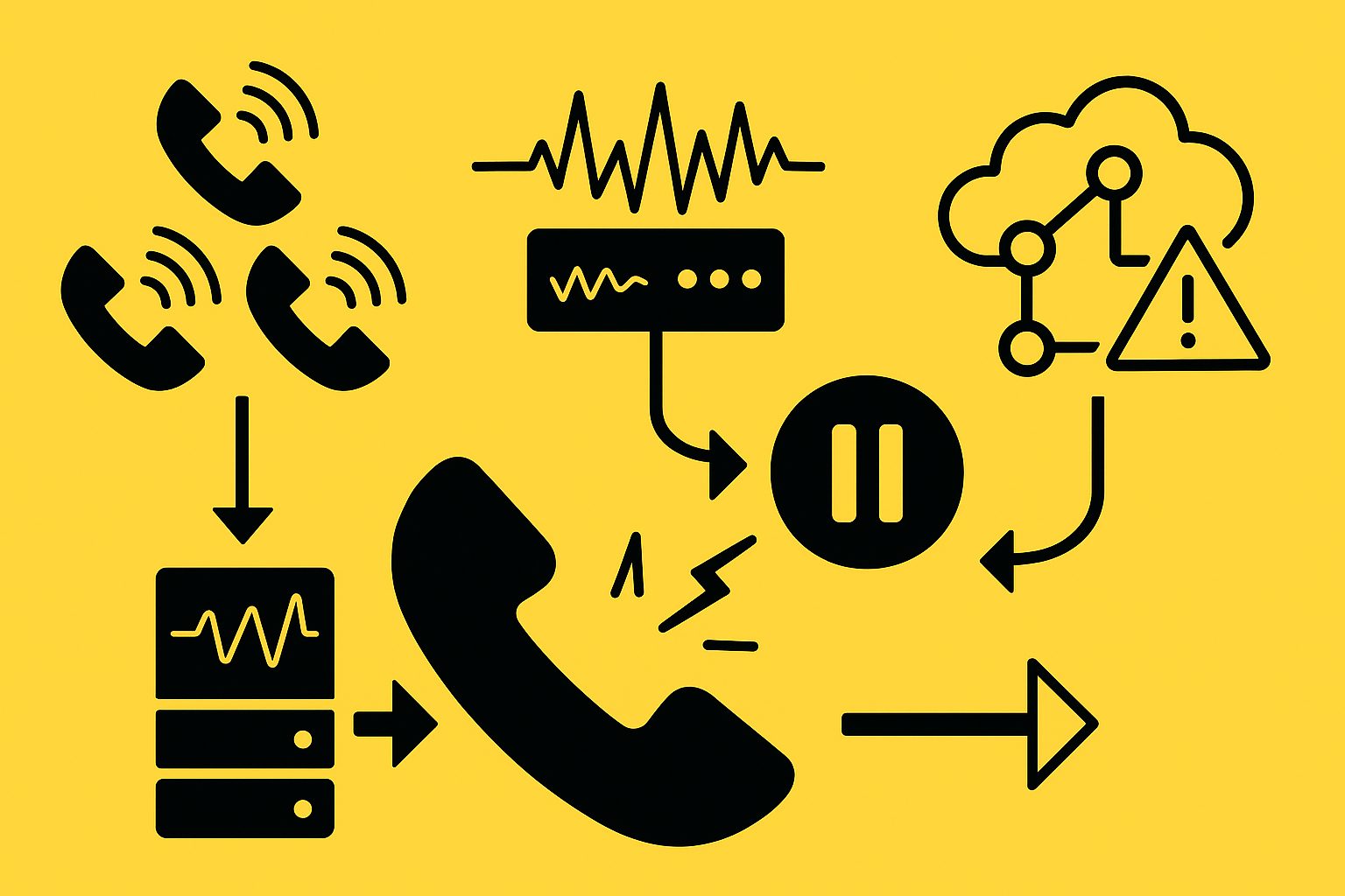 Diagram showing call surges and cloud misconfigurations converging to knock out an AI phone system.