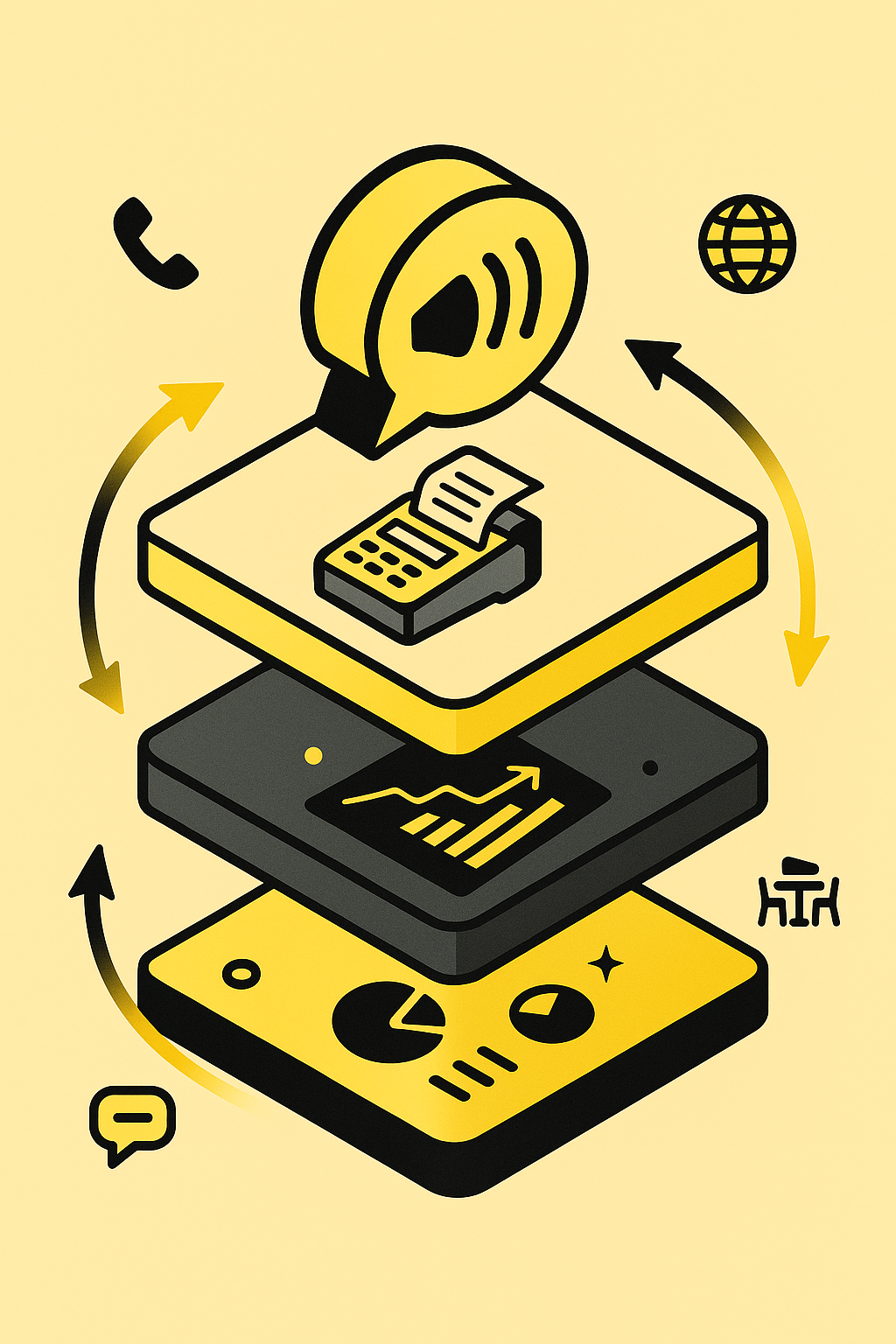Layered diagram of voice AI, POS integration, and analytics dashboard powering restaurant operations