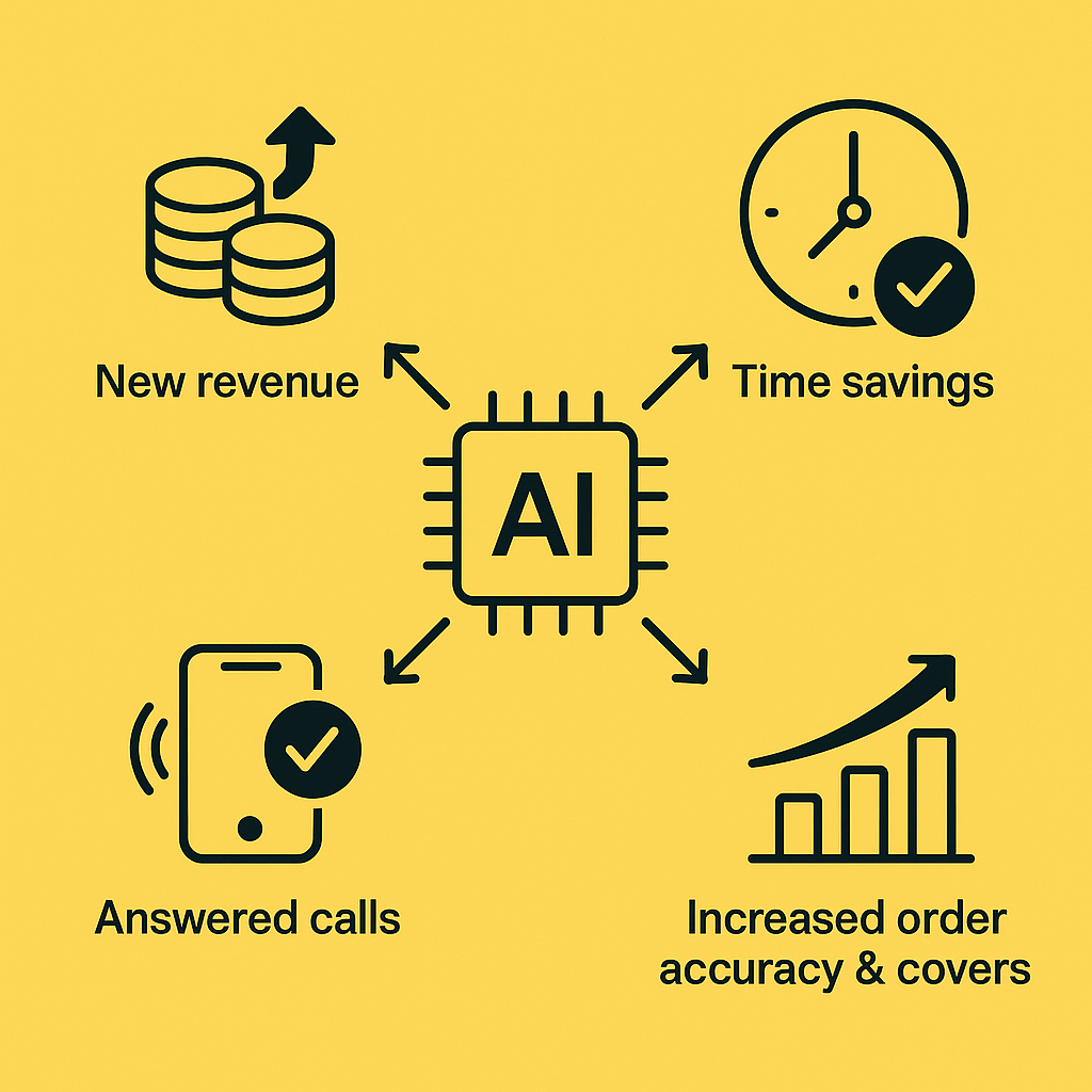Diagram showing AI core connected to icons for revenue growth, time saved, answered calls, and improved accuracy