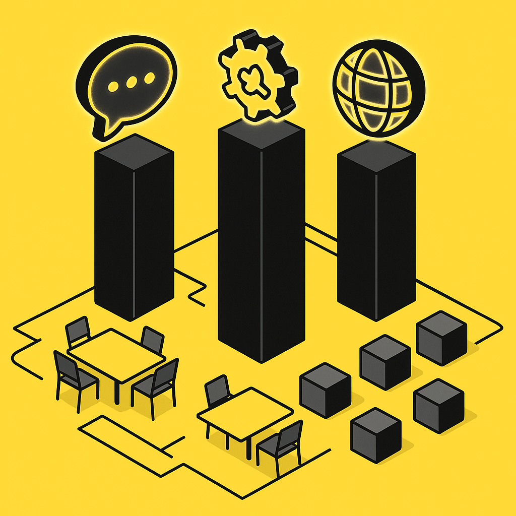 Diagram with three pillars depicting conversation quality, integrations, and multilingual support