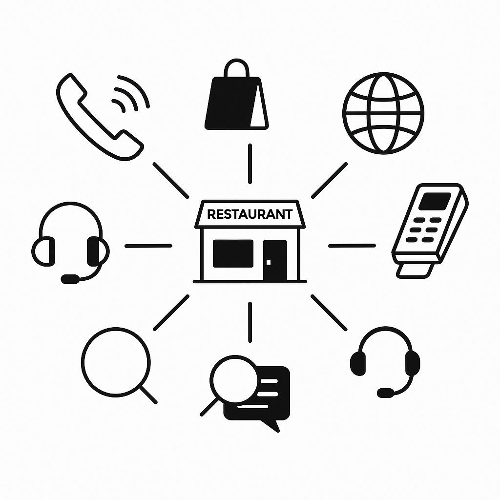 Vector decision-flow diagram of restaurant choosing AI system through six evaluation steps