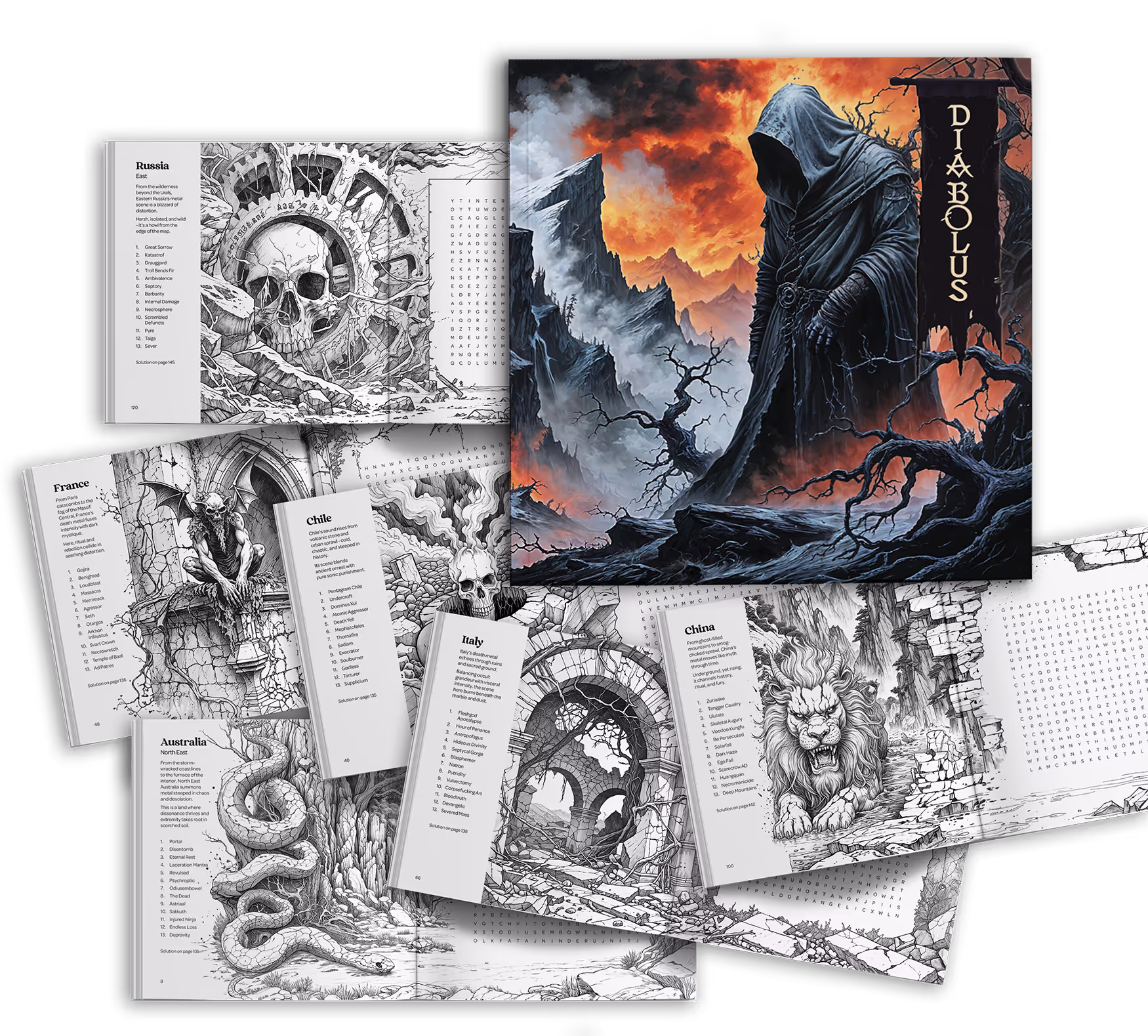 Cover and open pages of a death metal word search book featuring dark fantasy black-and-white illustrations of skulls, demons, serpents, and a roaring lion.