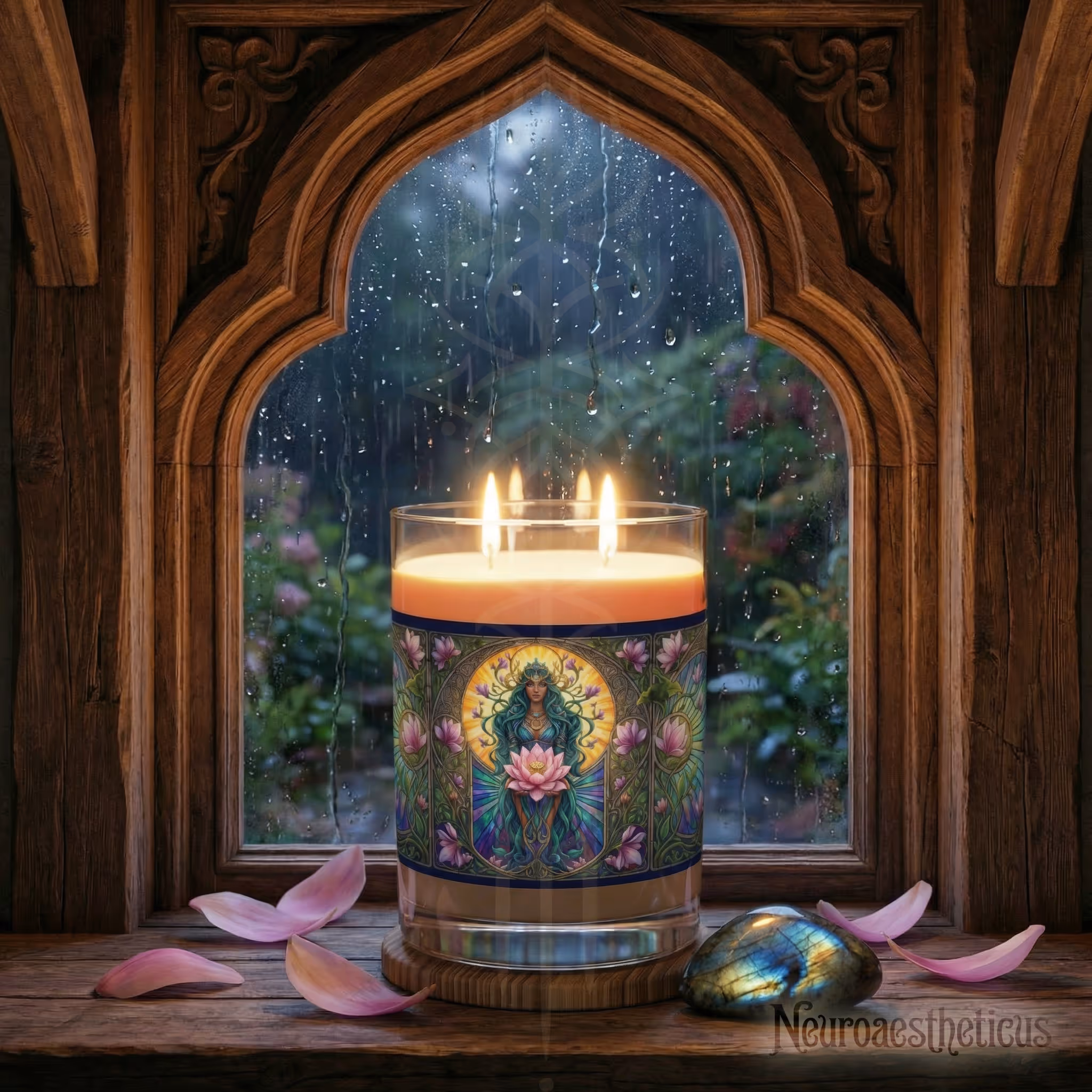 Three-wick candle with a mystical goddess illustration on the glass, surrounded by pink petals and a blue-green polished stone, set on a wooden windowsill with rain droplets on the window.