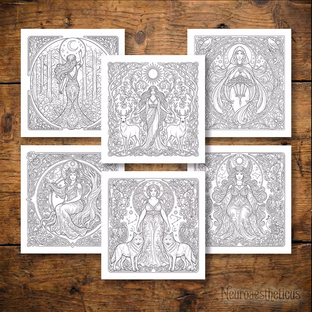 Six detailed black-and-white line art illustrations of women with nature and animal themes, arranged on a wooden surface.