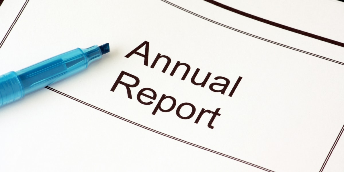 Close-up of a printed annual report cover 