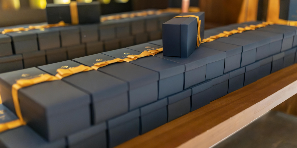 Stacks of navy blue gift boxes with gold ribbons arranged neatly