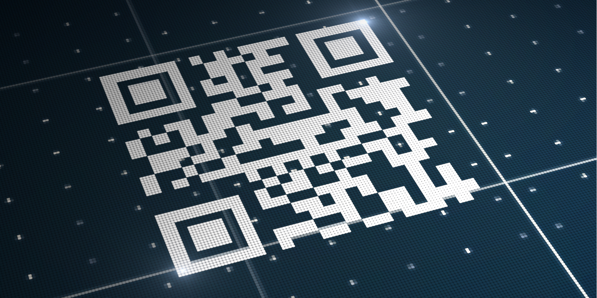 Close-up of a white QR code on a digital grid background