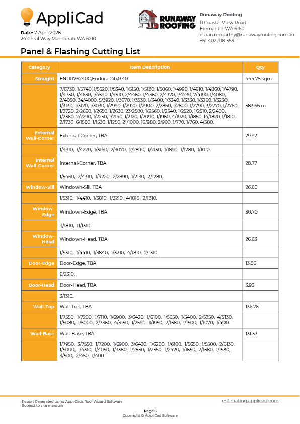 Wall Panel cutting list detail
