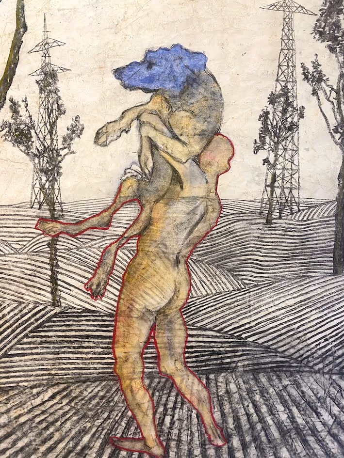 Untitled / man lifting blue dog