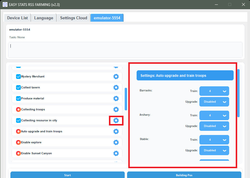 Train and upgrade troops Settings
