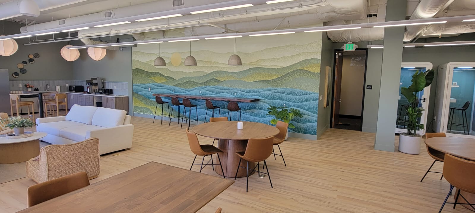 Hand-painted mural extending across the Club Evexia coworking space