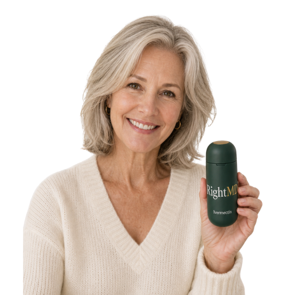 Woman holding her RightMD ivermectin bottle