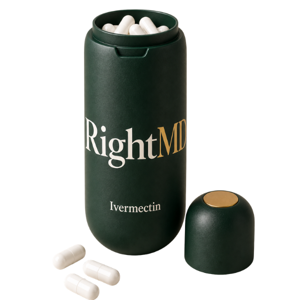 Open RightMD ivermectin bottle with capsules