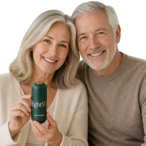 Couple holding their RightMD ivermectin bottle