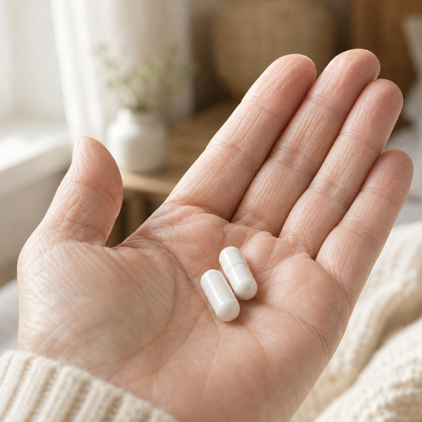 Hand holding two ivermectin capsules