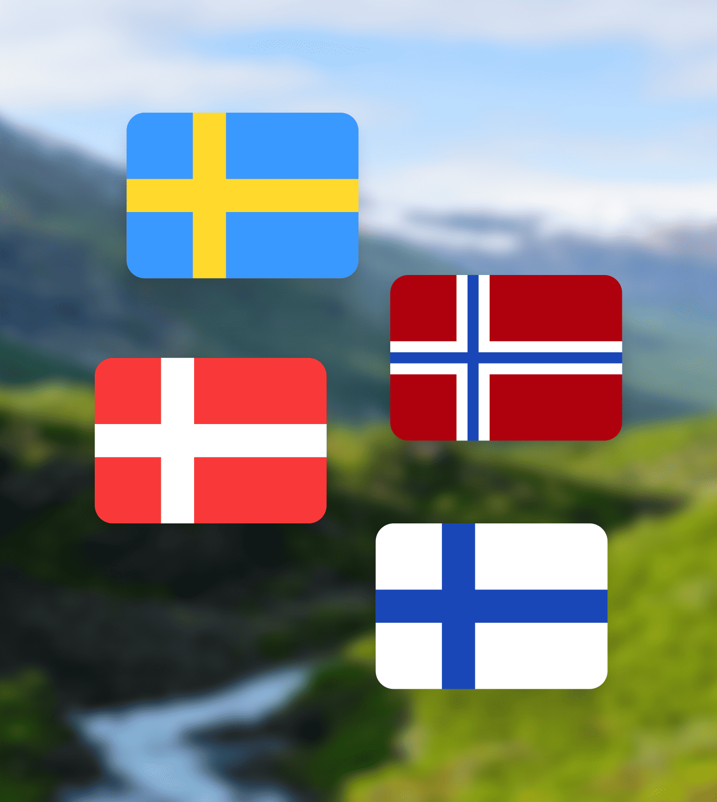 Nordiske flag der svæver også en blurred baggrund med et skandinavisk fjeld i baggrunden.