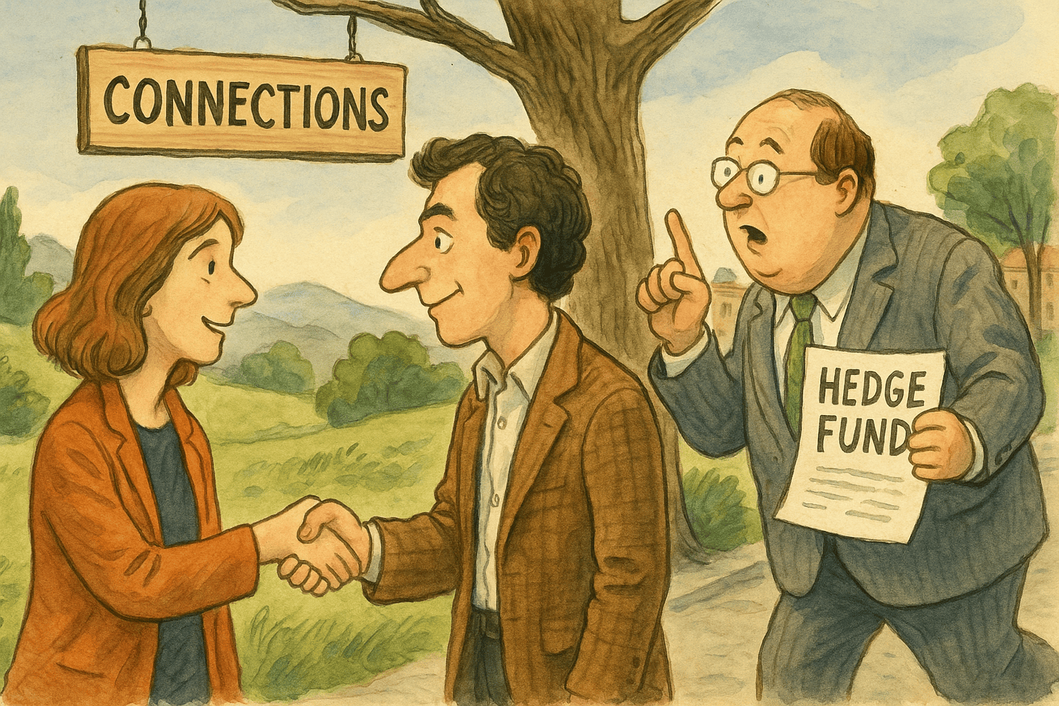 En håndtegnet akvarel-illustration viser en kvinde og en mand, der trykker hænder under et skilt med teksten “Connections”, mens en korpulent mand i jakkesæt forsøger at afbryde dem med et ark mærket “Hedge Fund” – en satirisk kontrast mellem personlig tillid og anonyme investeringsprodukter.