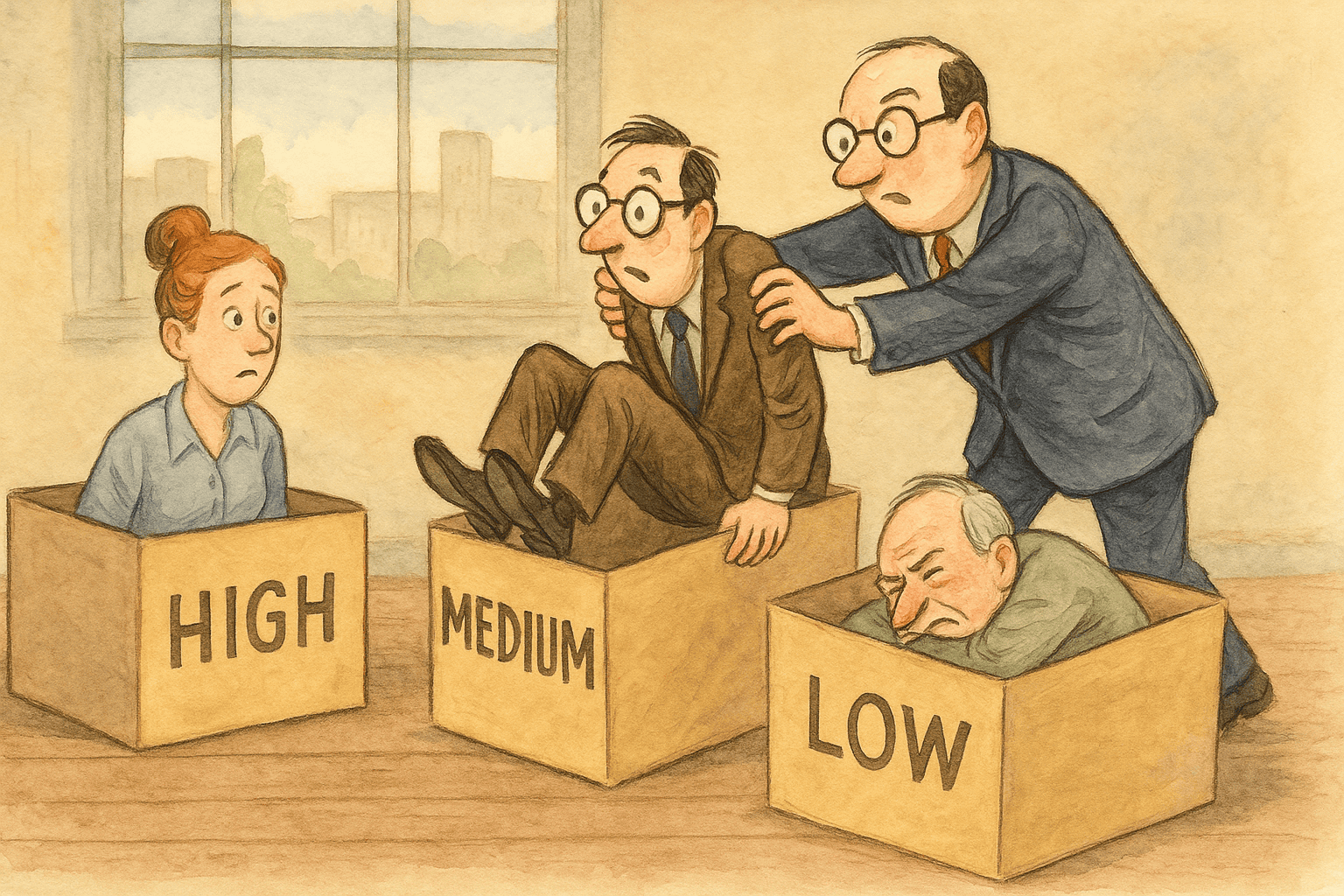 En satirisk illustration i akvarel og blyantstreg viser en mand i jakkesæt, der forsøger at presse forskellige personer ned i papkasser mærket “HIGH”, “MEDIUM” og “LOW” – mens deres udtryk tydeligt afslører, at de ikke passer i dem.