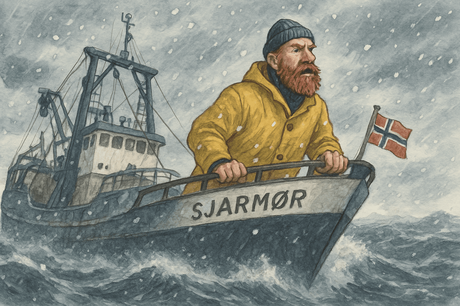 En skægget fisker i gul regnjakke og blå strikhue står i stævnen på trawleren MS Sjarmør, omgivet af stormfuldt vinterhav og bidende kulde.