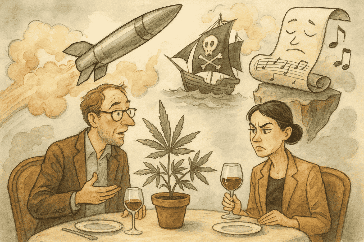 Surrealistisk illustration i akvarelstil: En mand og en kvinde sidder ved et middagsbord med et cannabisblad, mens missiler, et piratskib og noder svæver over dem.