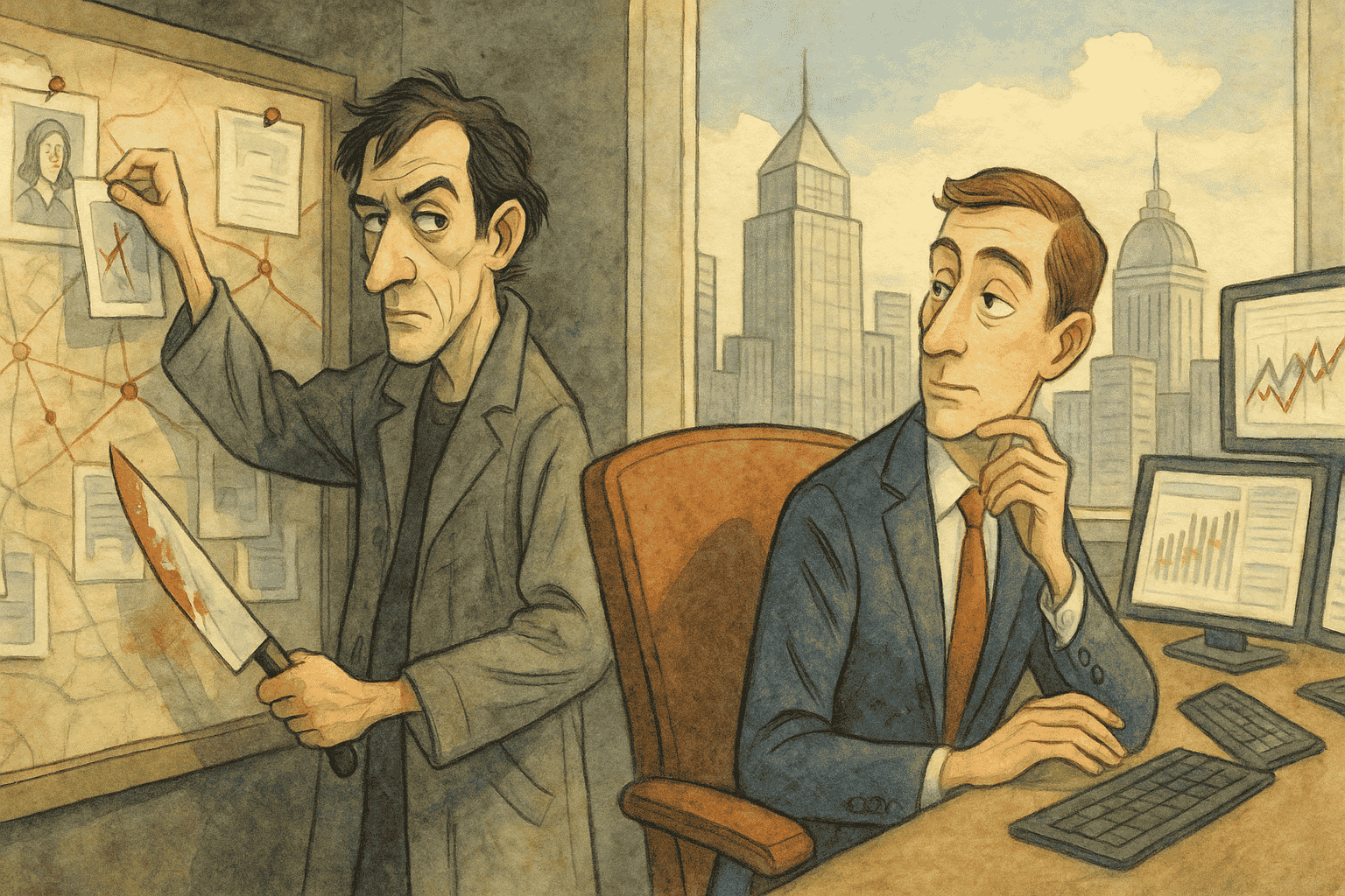En håndtegnet illustration i klassisk akvarelstil, der kontrasterer en seriemorder med kort og kniv i en mørk kælder og en hedgefond-manager foran finansgrafer i et lyst kontor – to verdener adskilt af en skarp midterlinje, men forbundet af samme jagtinstinkt.
