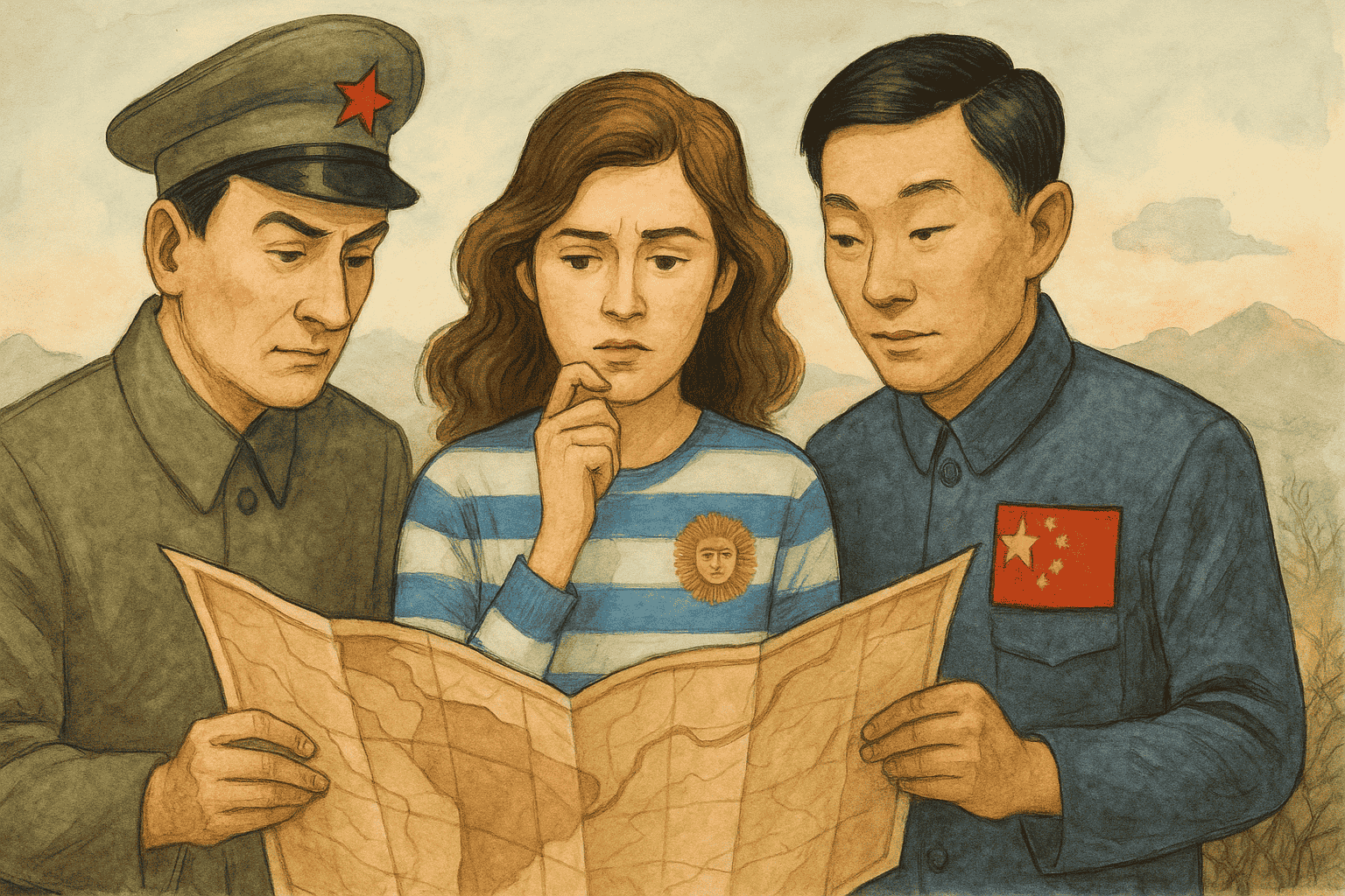 Tre personer – symboliserende USSR, Argentina og Kina – står fordybet over et stort, foldet kort, omgivet af en dæmpet, håndmalet verden, der antyder ideologiske vildveje og historiske blindgyder.