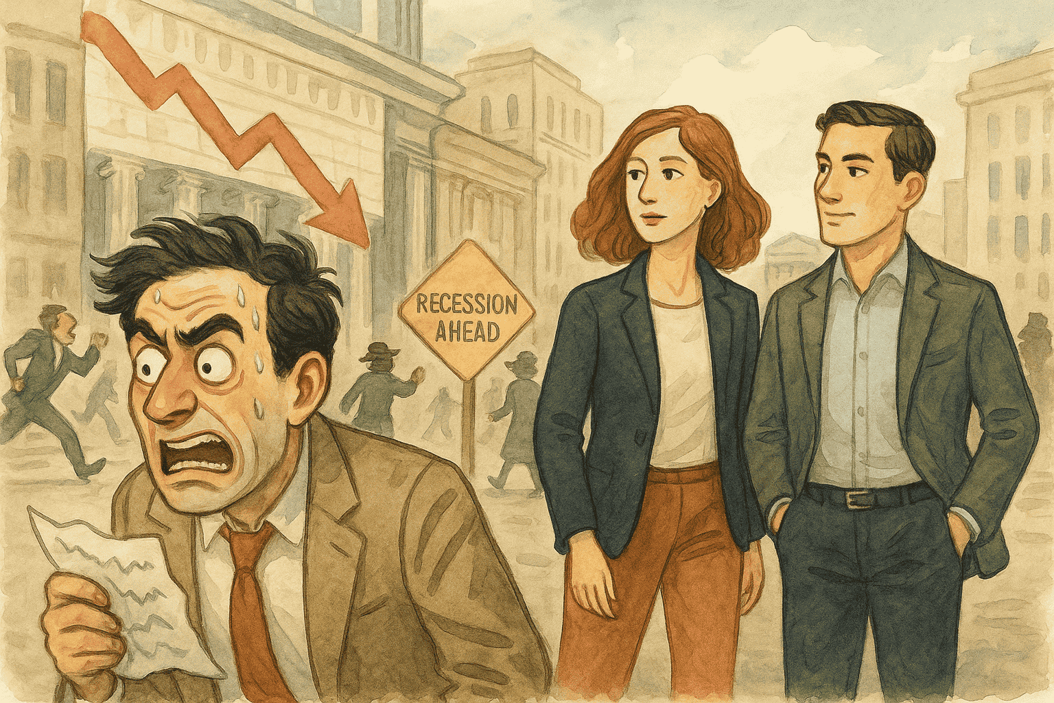 Illustration i akvarelstil af en panikslagen mand med sved på panden foran et “Recession Ahead”-skilt, mens en rolig kvinde og mand i smart casual tøj går forbi ham i en byscene – en satirisk kontrast mellem krisepanik og klarsyn.