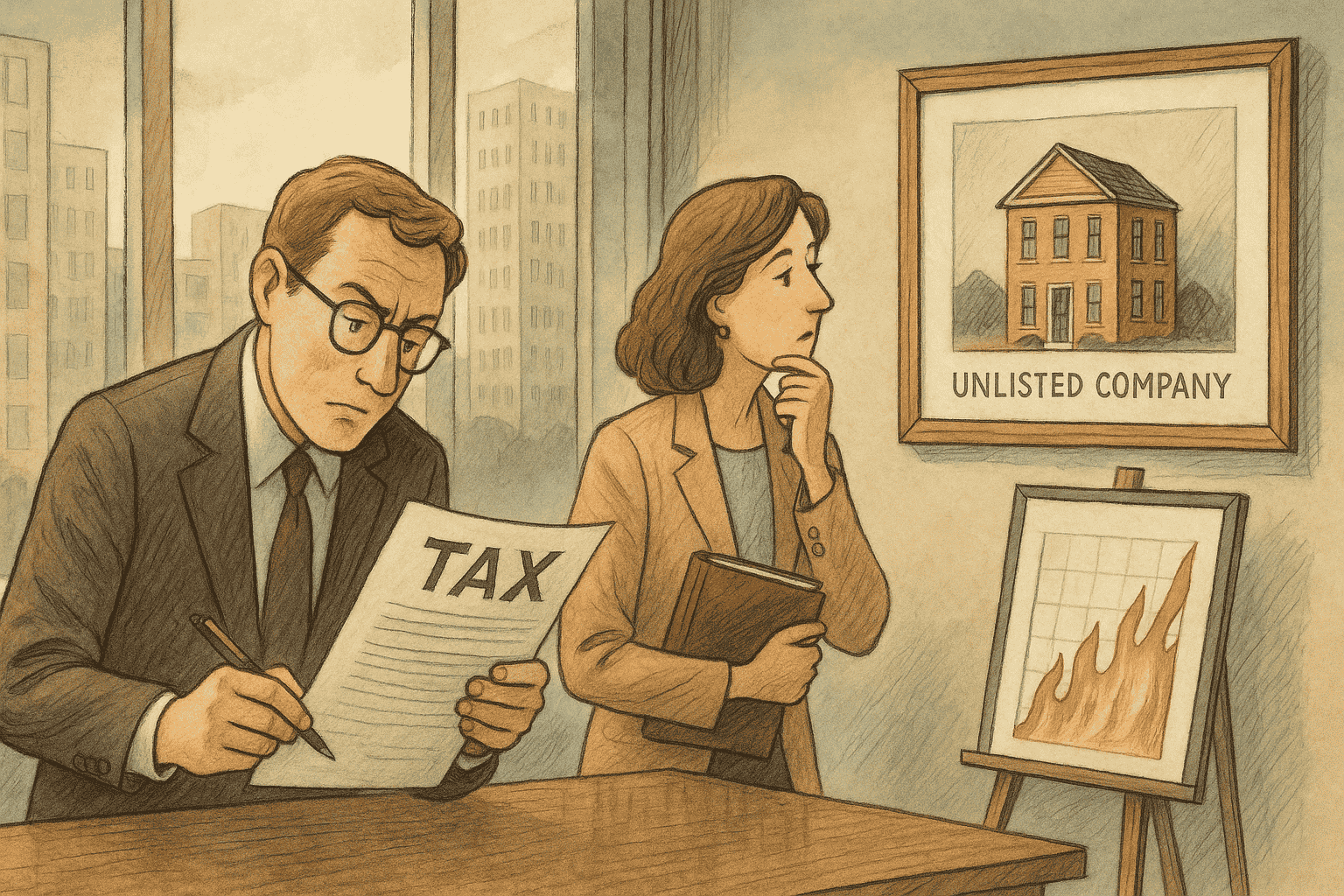 To professionelle sidder i et kontormiljø og gransker skat og investering i unoterede selskaber – han læser et dokument med teksten “TAX”, mens hun betragter et indrammet billede med teksten “UNLISTED COMPANY”; et flammende grafikon antyder stigende risiko eller gevinst.