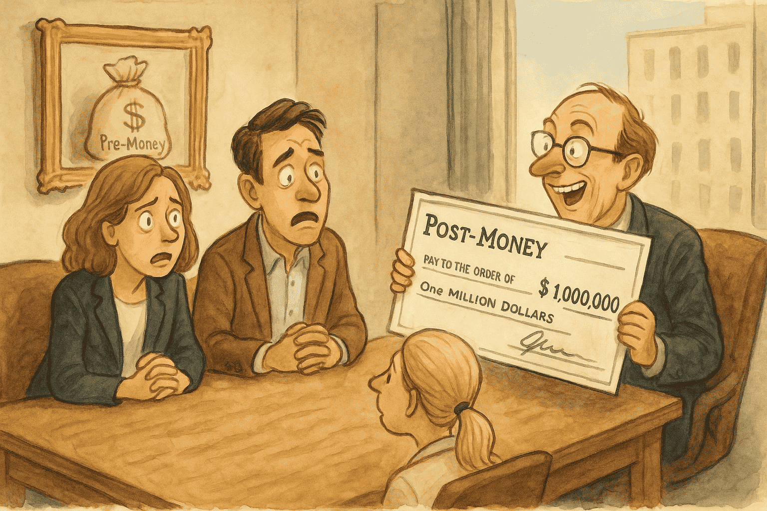 To iværksættere ser chokerede ud ved et mødebord, mens en smilende investor holder en stor check med teksten “Post-Money” – i baggrunden hænger et billede mærket “Pre-Money”.