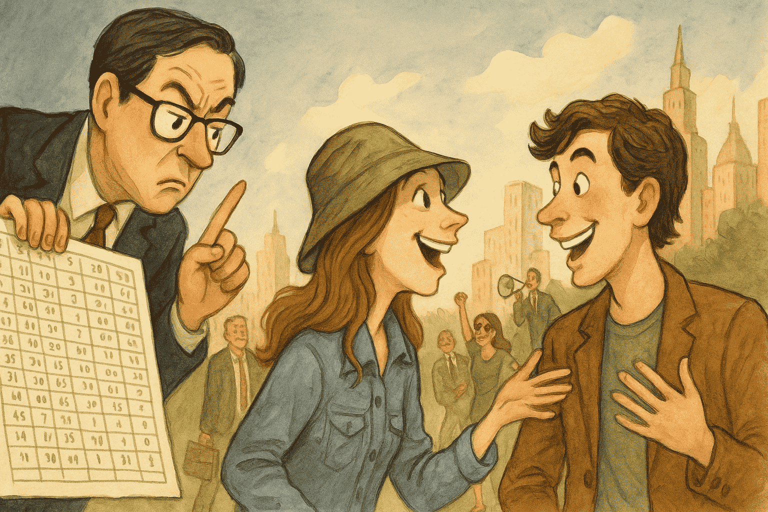 En akvarelillustration med humoristisk twist: En alvorlig mand i jakkesæt viser et regneark frem, mens to unge mennesker ignorerer ham og griner sammen – omgivet af byliv og samfundsaktivisme i baggrunden.