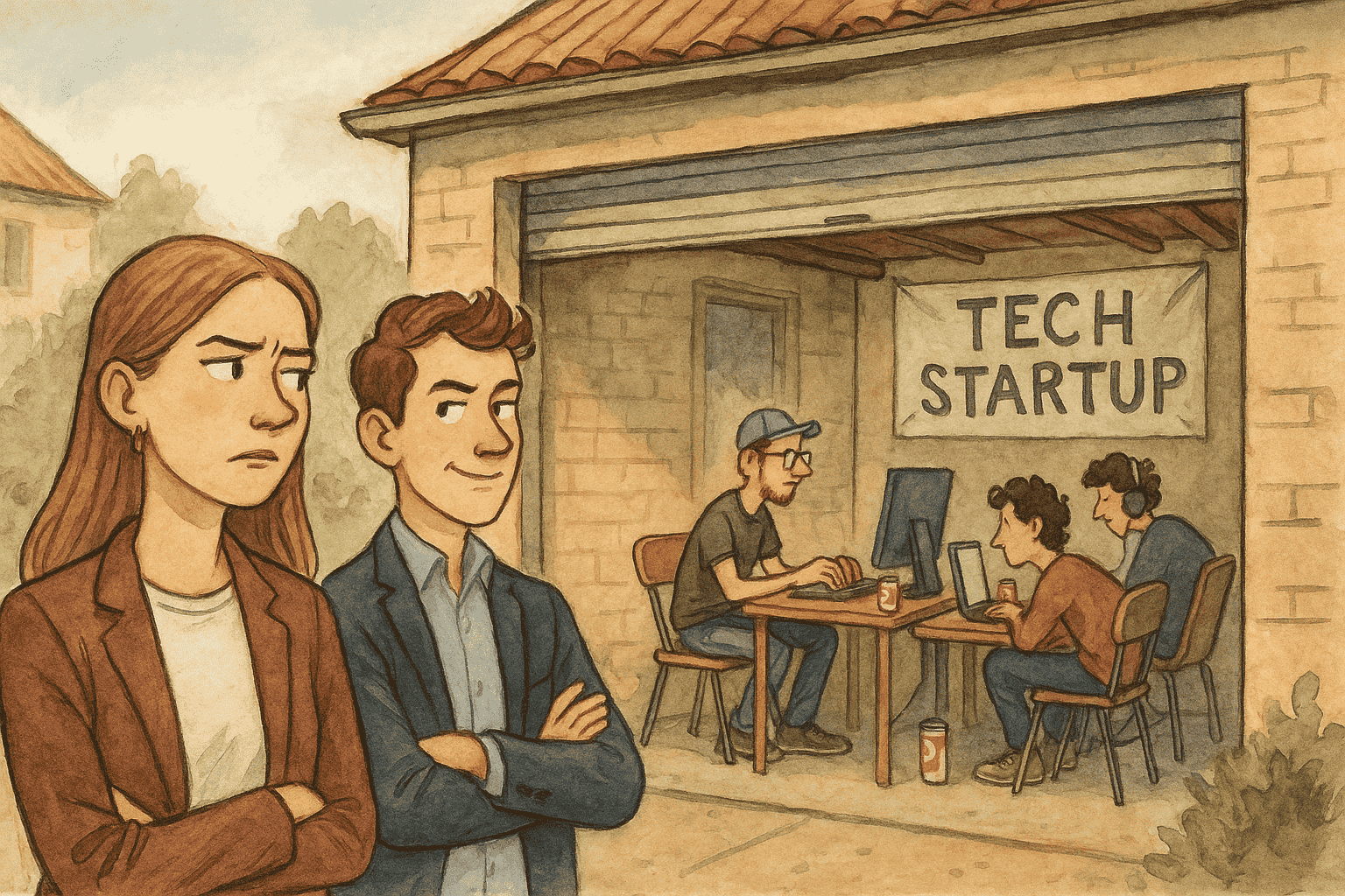 To unge investorer i stilfuldt, moderne tøj står foran en rodet garage, hvor et ungt startup-team arbejder fokuseret blandt laptops, ledninger og energidrikke – alt sammen i en varm, håndtegnet akvarelstil med humor og charme.