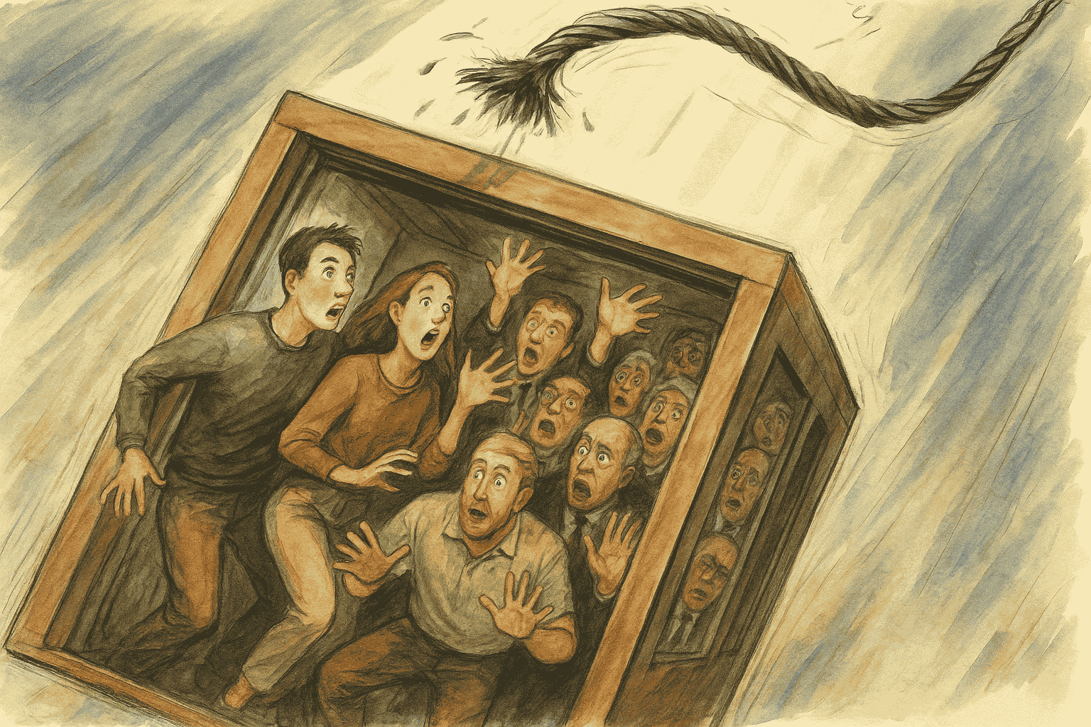 En håndtegnet, akvarelfarvet illustration af en elevator i frit fald, fyldt med overraskede og skræmte passagerer, mens kablerne knækker dramatisk over dem – en satirisk visuel metafor for falsk tryghed i investeringer.