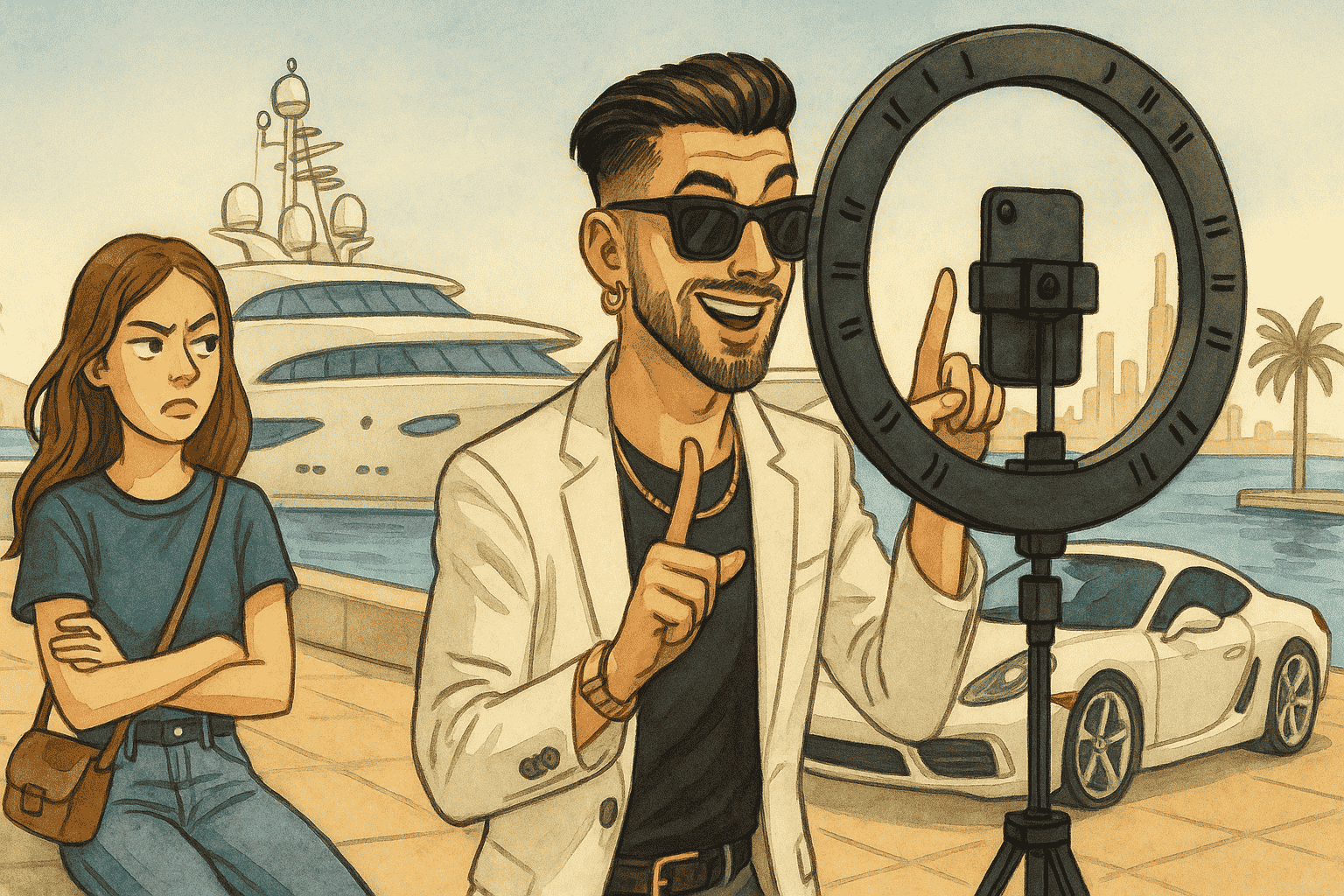 En håndtegnet satireillustration i akvarelstil viser en ung, smart klædt mand foran en sportsvogn og en yacht i Dubai, mens han optager sig selv til sociale medier – et humoristisk billede på finfluencer-fænomenet.