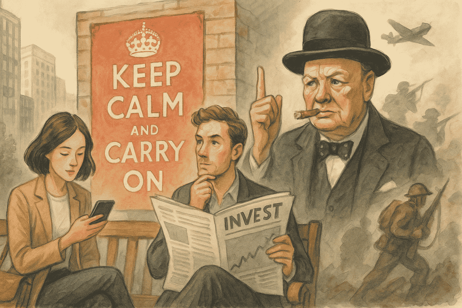 En håndtegnet illustration i klassisk magasin-stil med Winston Churchill, der peger advarende, en “Keep Calm and Carry On”-plakat i baggrunden og to moderne personer – en kvinde med mobil og en mand med avis med overskriften “INVEST” – omgivet af krigsbilleder og byliv.