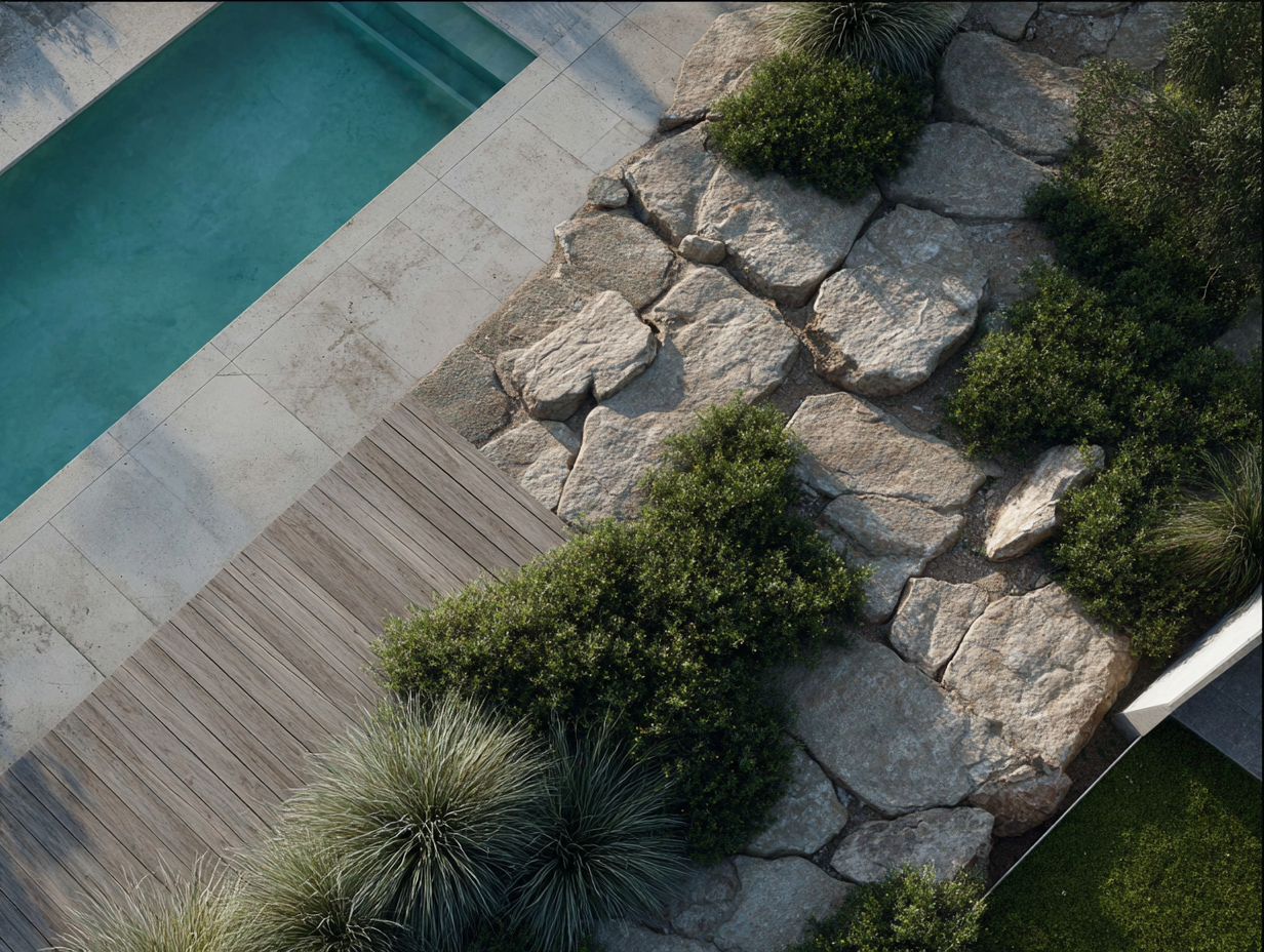 Detailed landscape construction featuring a natural rock garden with large boulders and ornamental grasses next to a modern pool deck.