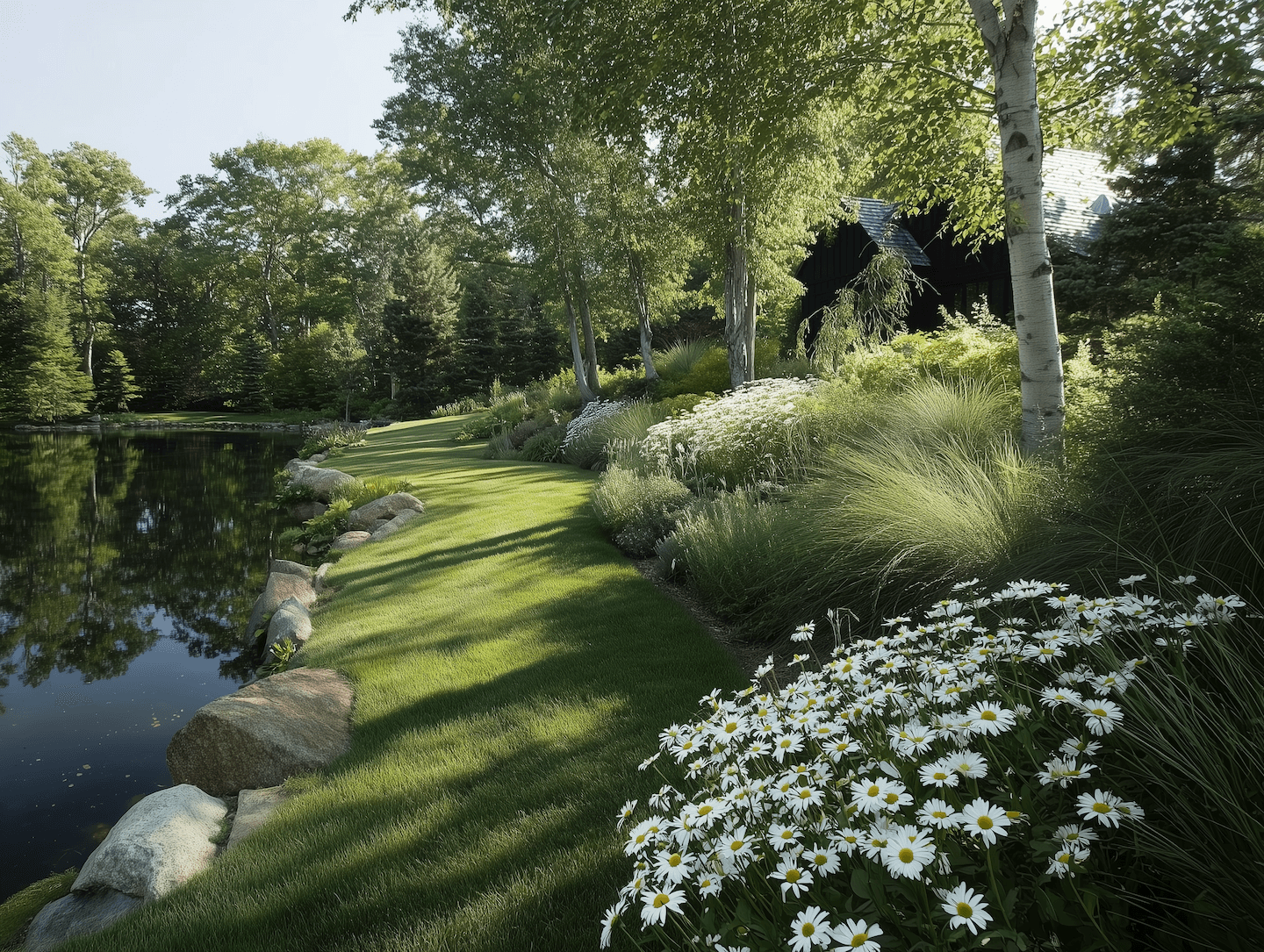 Expansive garden with a curving path leading to a modern home, an example of a high-end landscape project in the GTA.