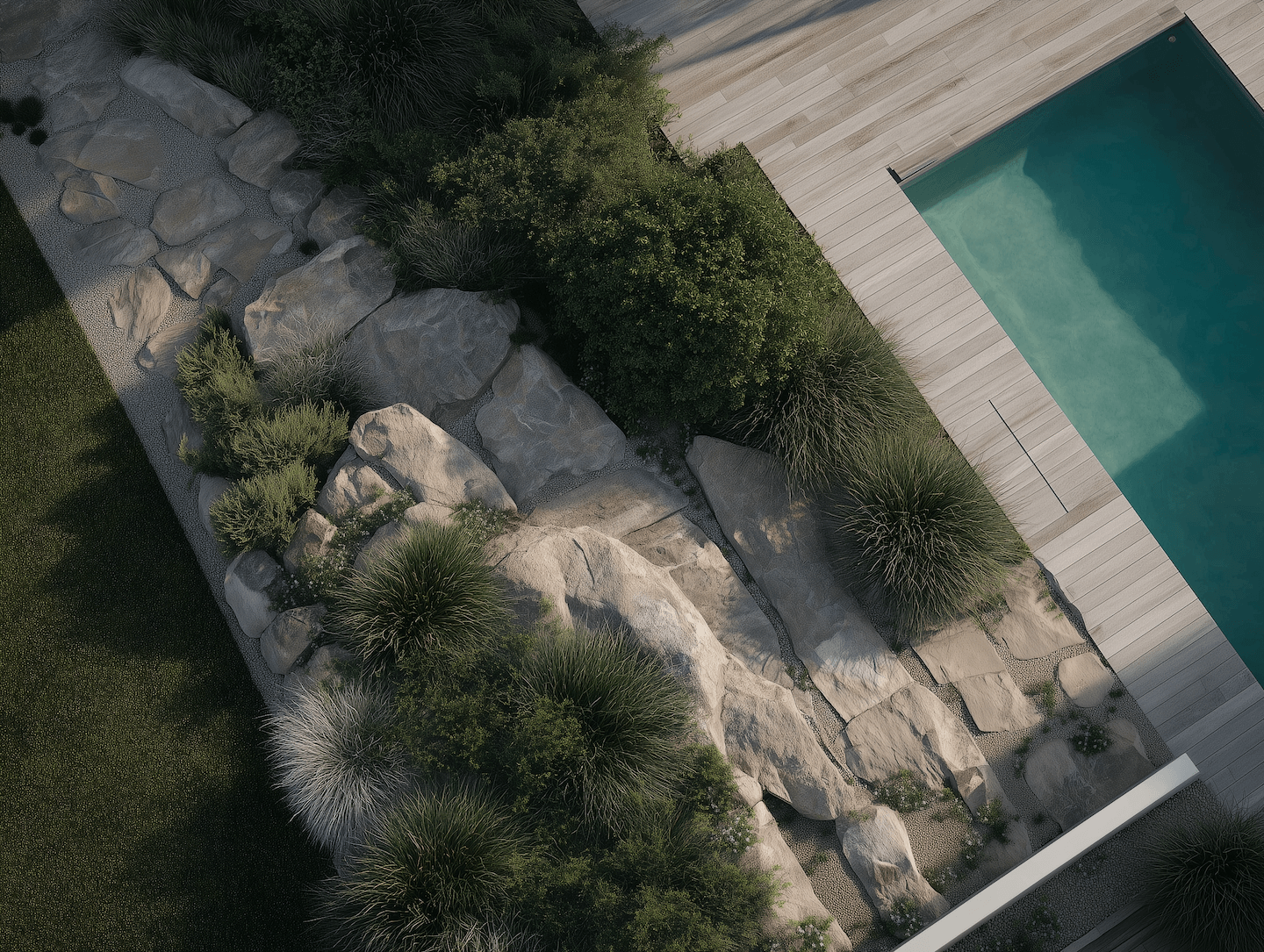 Detailed landscape construction featuring a natural rock garden with large boulders and ornamental grasses next to a modern pool deck.