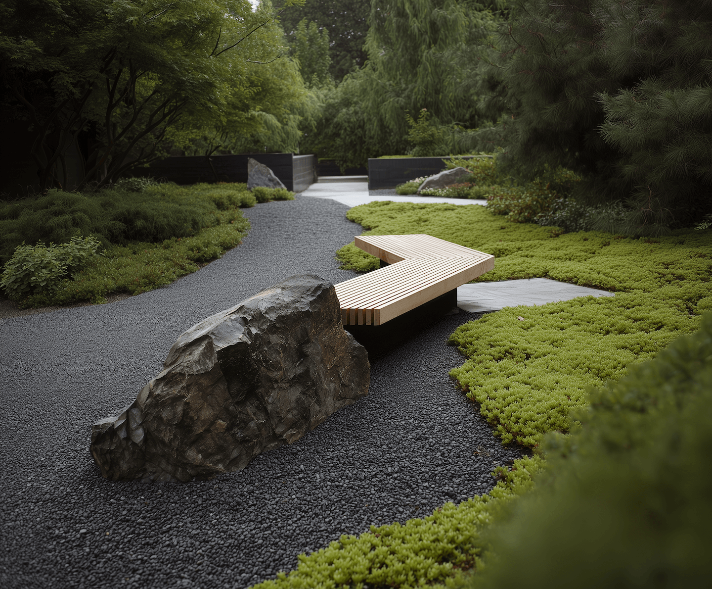 High-end landscape design featuring a modern wooden bench, a natural boulder, and meticulously laid gravel paths with lush groundcover.