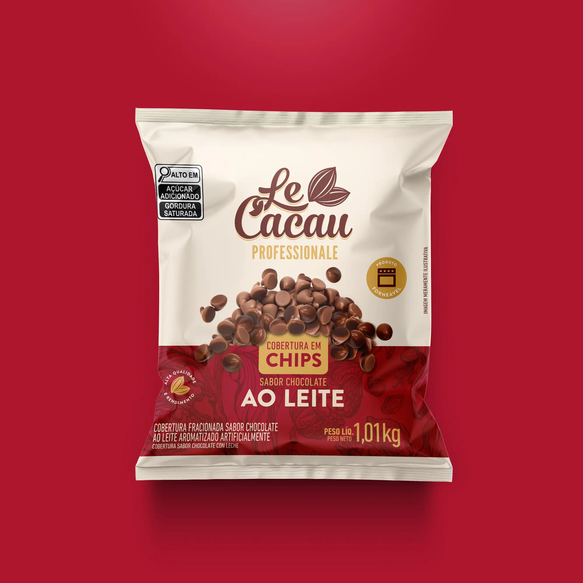 Embalagem de cobertura de chocolate ao leite em chips da marca Le Cacau Professionale, com aviso de alto teor de açúcar adicionado e gordura saturada, peso líquido de 1,01 kg.