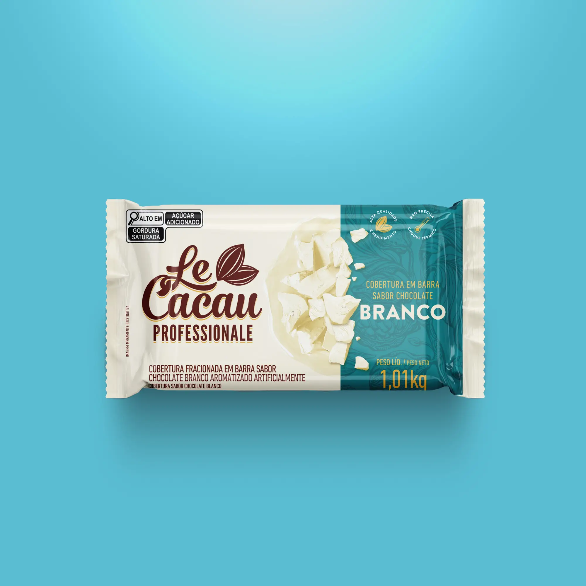 Embalagem de chocolate branco em barra da marca Le Cacau Professionale, com 1,01 kg, sobre fundo azul.