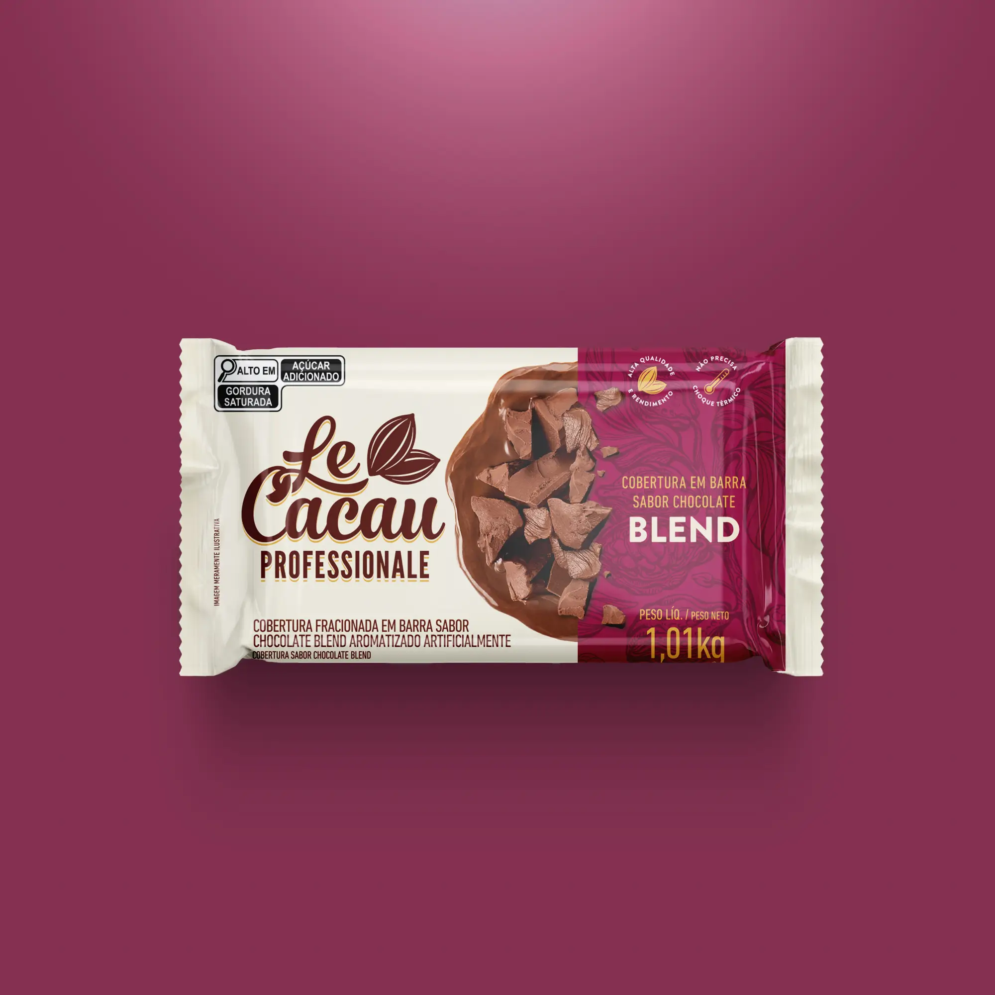 Embalagem de cobertura em barra sabor chocolate Blend da marca Le Cacau Professionale, pesando 1,01 kg.