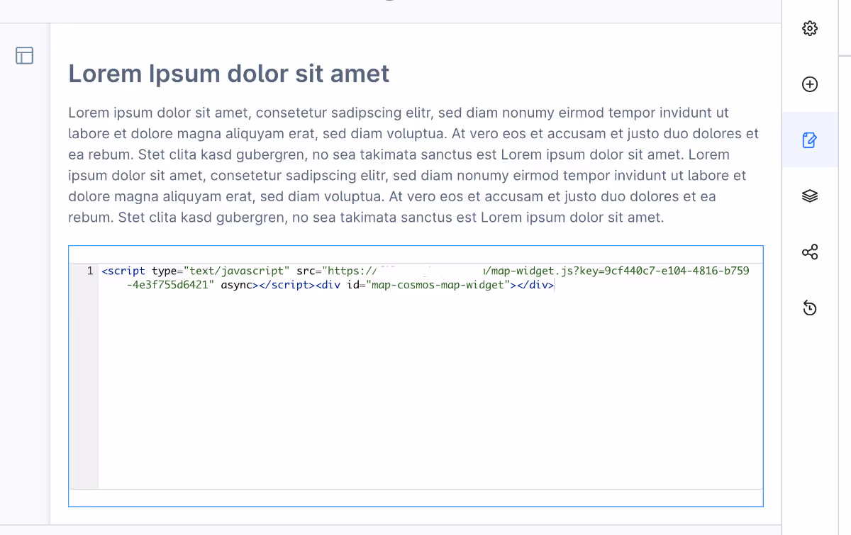 Pasting MapCosmos store locator code into Shopware HTML field and previewing it in the storefront.