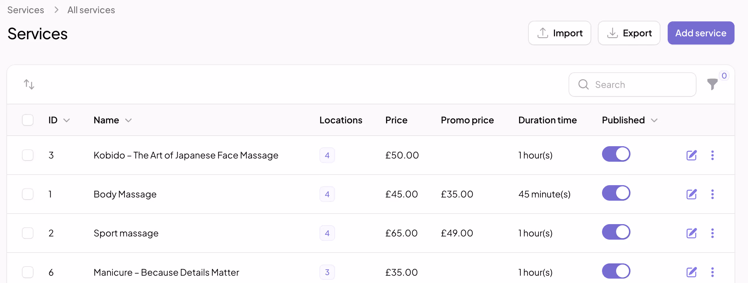 MapCosmos store locator panel showing list of services with prices and upload/export buttons for managing services entries