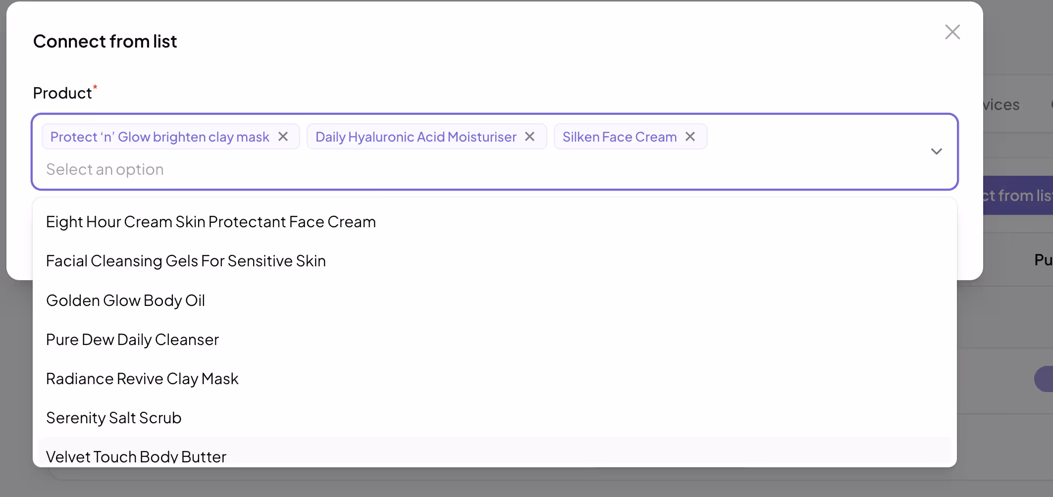MapCosmos store locator panel displaying a list of products and services assigned to a specific store location with edit and management options
