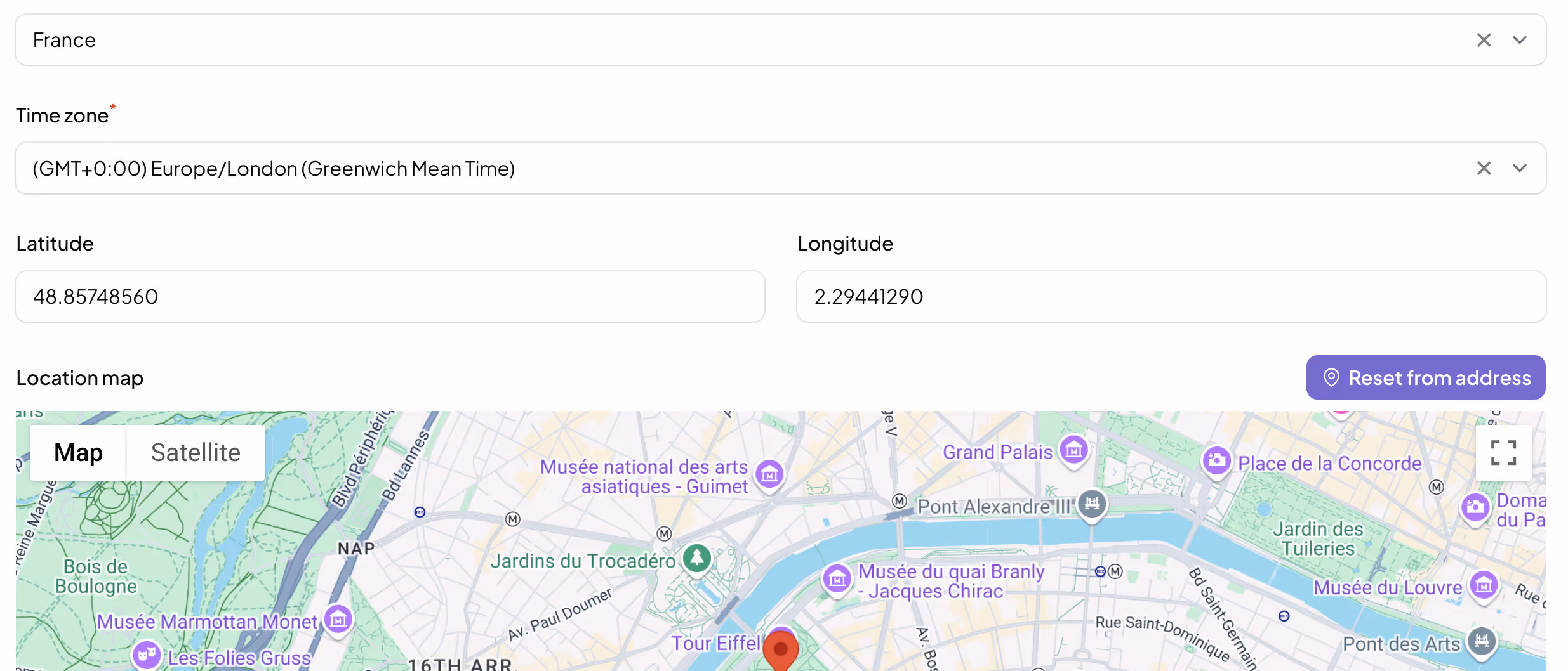 Store locator panel showing geocoding converting addresses into latitude and longitude coordinates.