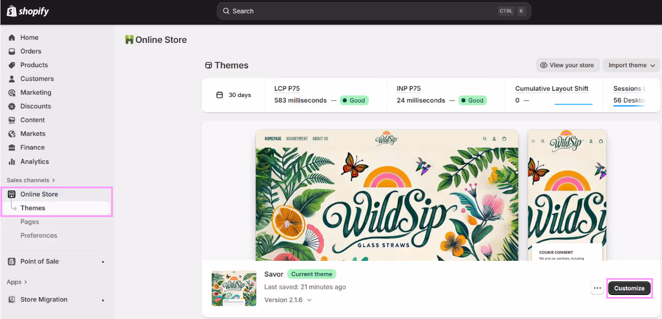 Shopify dashboard showing how to add a store locator by navigating to Online Store → Themes → Customize in the website editor.